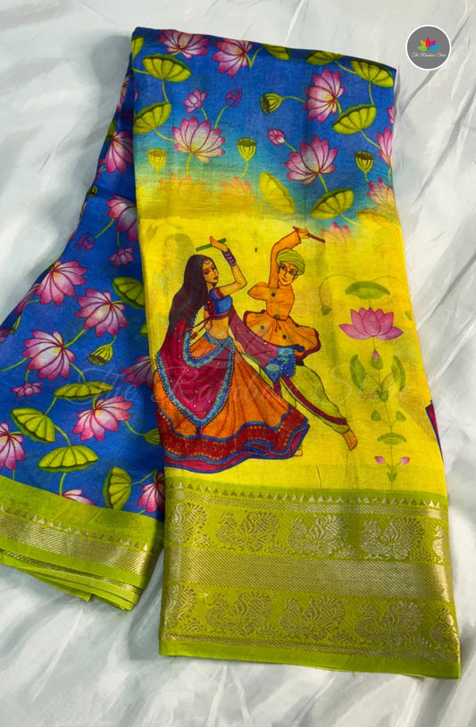 Premium Mangalagiri Pattu With Big Border - Skyblue With Lime Green