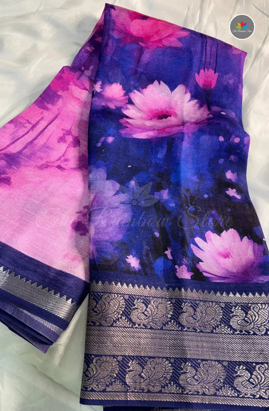 Premium Mangalagiri Pattu With Big Border - Royal Blue With Pink
