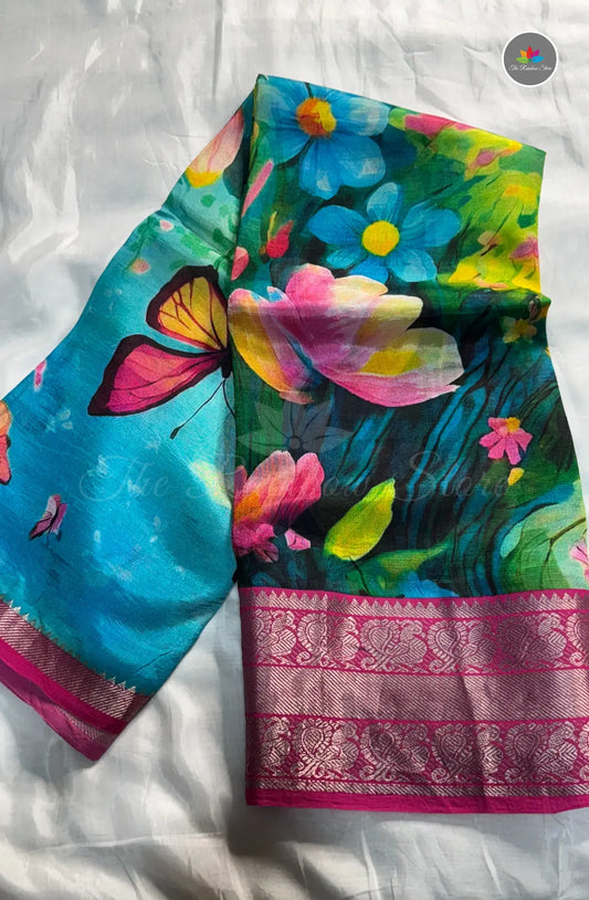 Premium Mangalagiri Pattu With Big Border - Skyblue