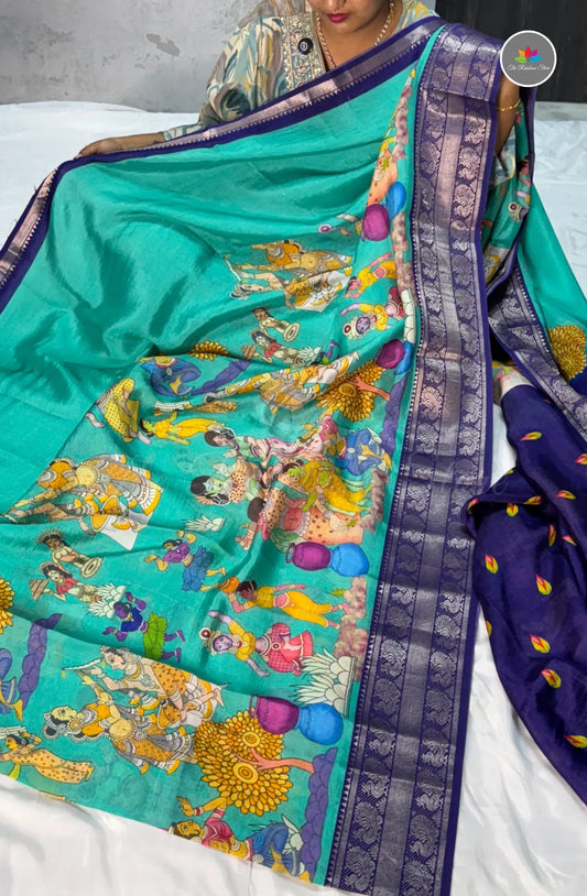 Premium Mangalagiri Pattu With Big Border - Skyblue With Blue