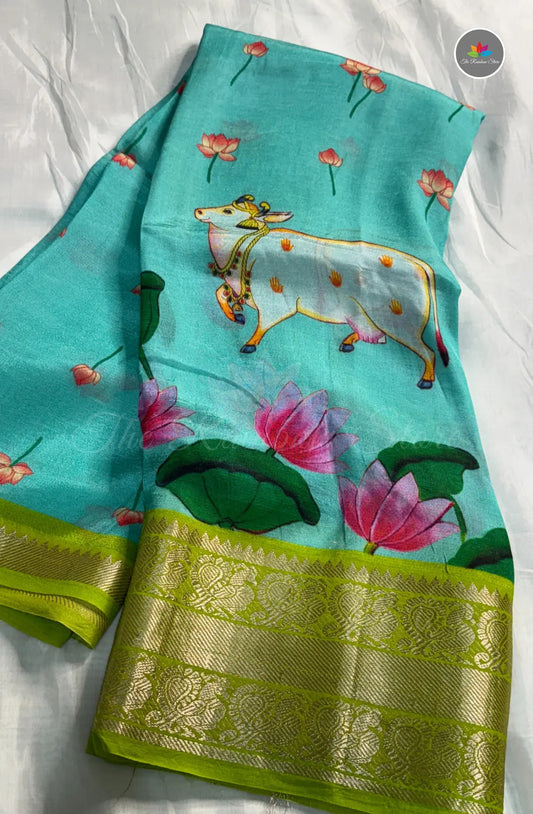 Premium Mangalagiri Pattu With Big Border - Skyblue With Green