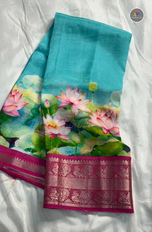 Premium Mangalagiri Pattu With Big Border - Skyblue With Magenta