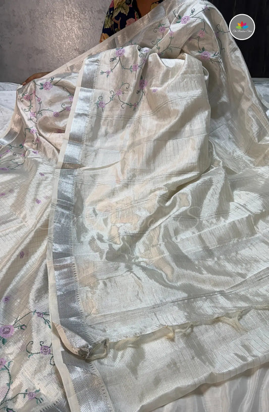 Premium Mangalagiri Pattu With Petti Work  - Off White with Lavender