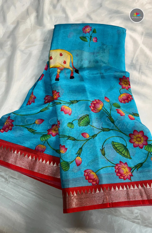 Premium Mangalagiri Pattu With Small Border - Skyblue