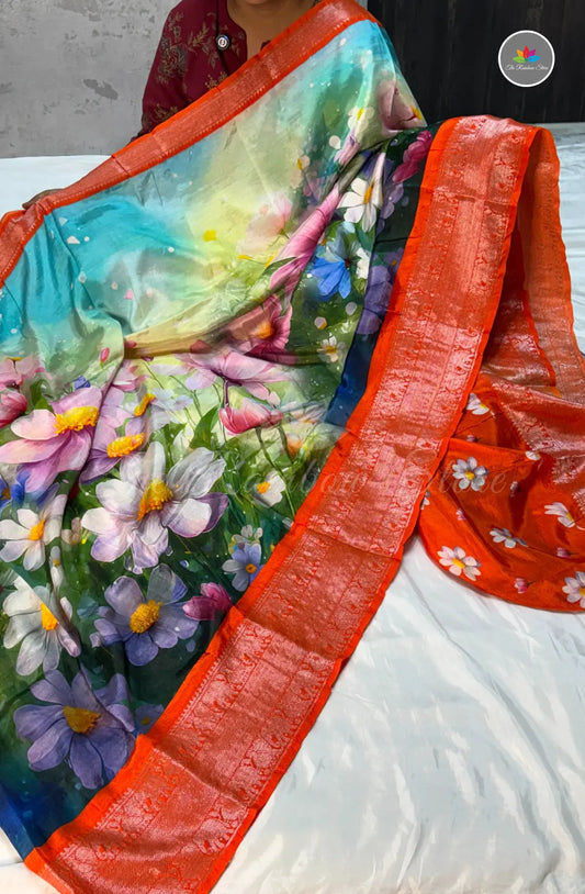 Premium Mangalagiri Pattu with Big Border - Aqua Blue