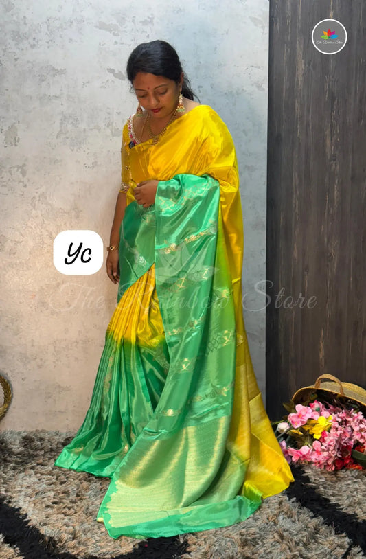 Dual Shaded Crepe Zari with Zari Work - Yellow & Green