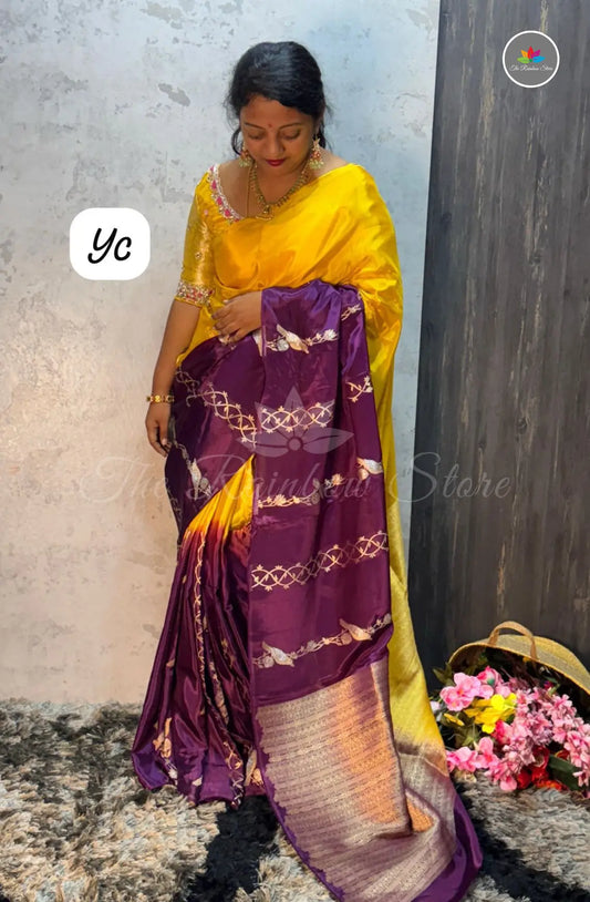 Dual Shaded Crepe Zari with Zari Work - Yellow & Purple