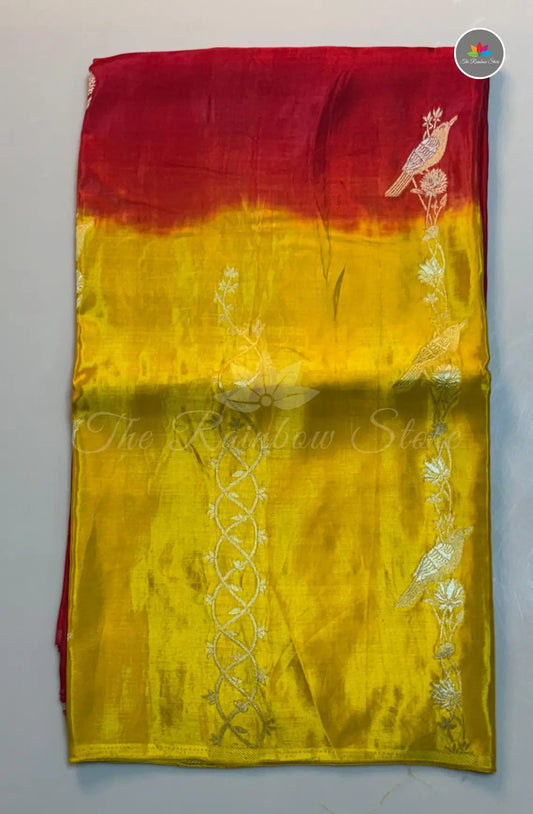 Dual Shaded Crepe Zari with Zari Work - Yellow & Red