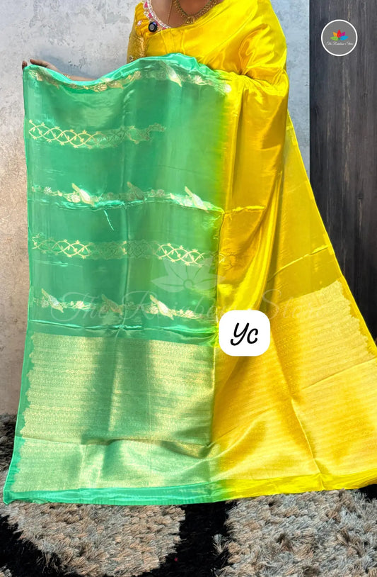 Dual Shaded Crepe Zari with Zari Work - Yellow & Green