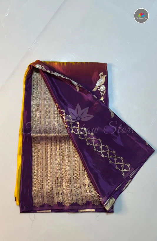 Dual Shaded Crepe Zari with Zari Work - Yellow & Purple