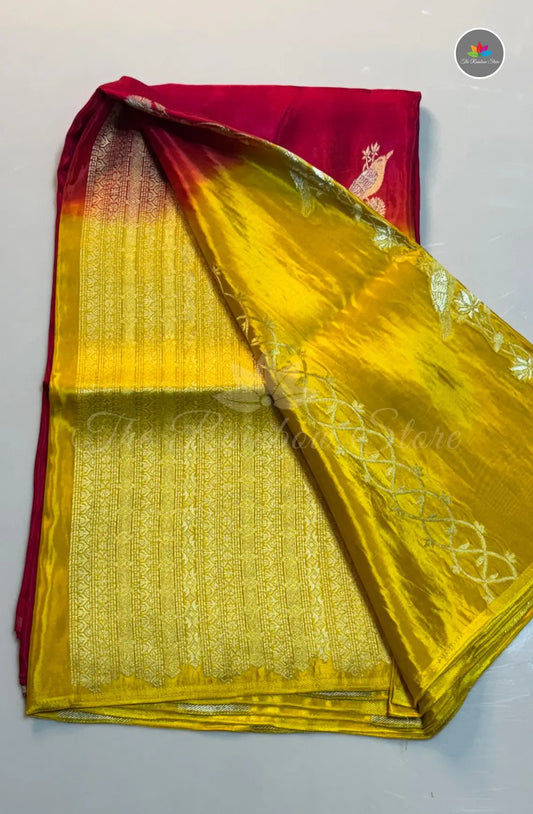 Dual Shaded Crepe Zari with Zari Work - Yellow & Red