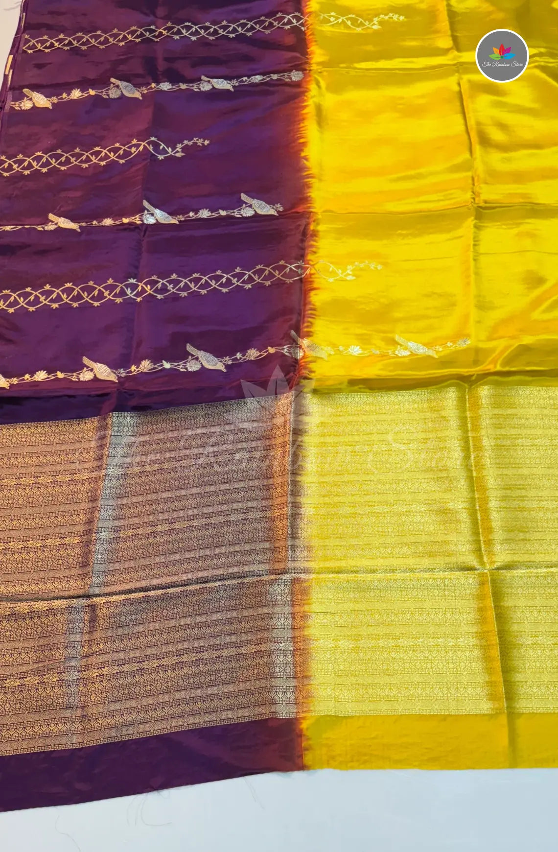 Dual Shaded Crepe Zari with Zari Work - Yellow & Purple
