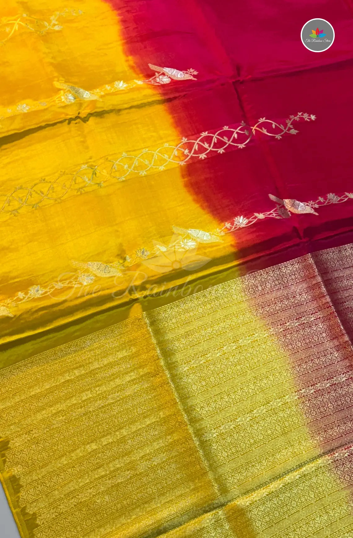 Dual Shaded Crepe Zari with Zari Work - Yellow & Red