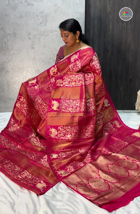 Premium Tissue Saree with Intricate Zari Weaves - Rani Pink