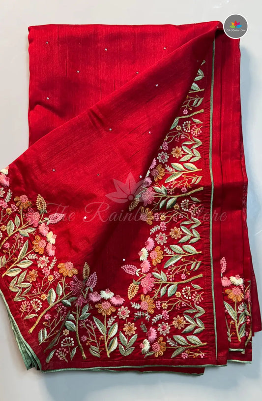 Premium Tussar Saree with Floral Embroidery Work - Red