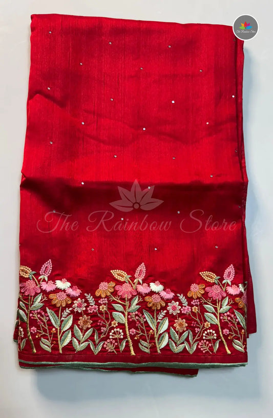 Premium Tussar Saree with Floral Embroidery Work - Red