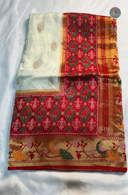 Premium Banarasi Paithani Pattu Saree - Cream with Red