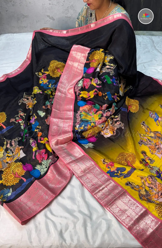 Premium Mangalagiri Pattu With Big Border - Black With Pink