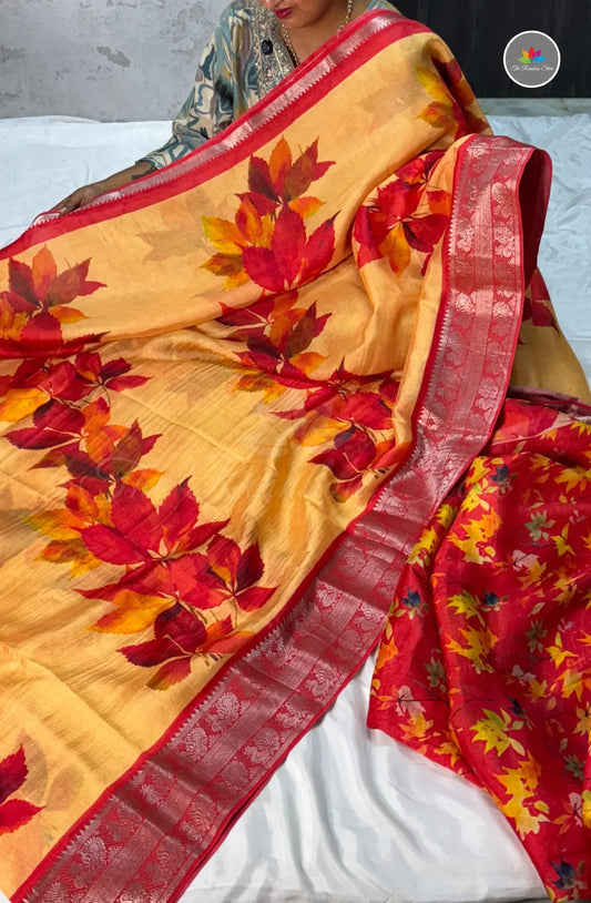 Premium Mangalagiri Pattu With Big Border - Mustard Yellow With Red