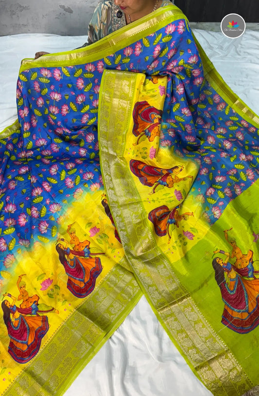 Premium Mangalagiri Pattu With Big Border - Skyblue With Lime Green