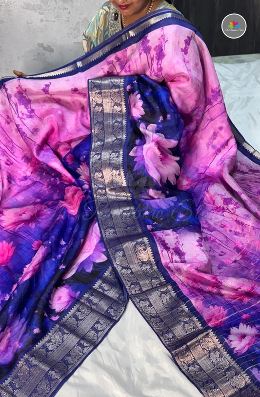 Premium Mangalagiri Pattu With Big Border - Royal Blue With Pink