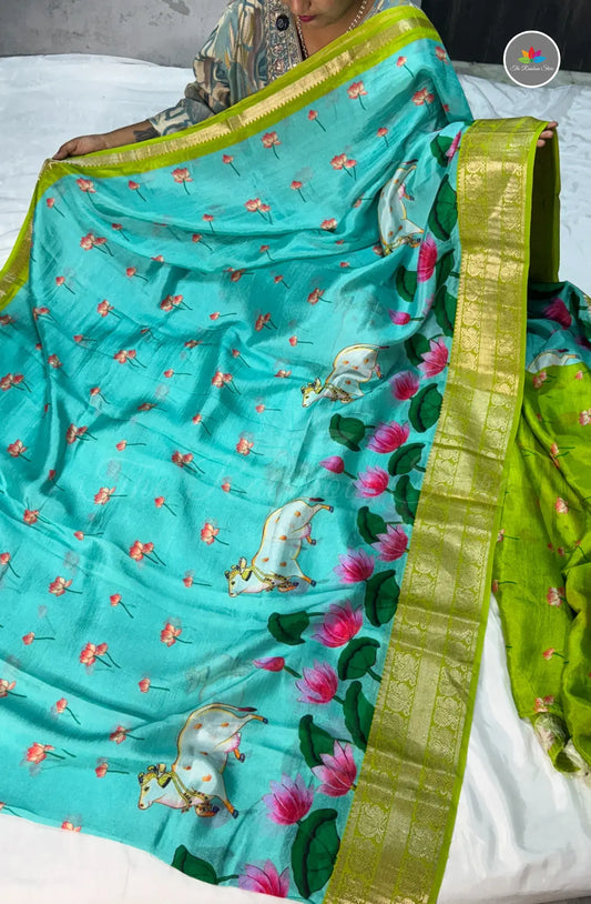 Premium Mangalagiri Pattu With Big Border - Skyblue With Green