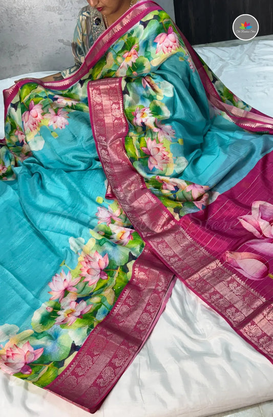 Premium Mangalagiri Pattu With Big Border - Skyblue With Magenta