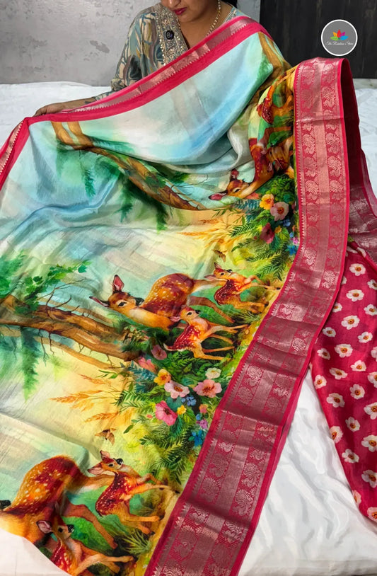 Premium Mangalagiri Pattu With Big Border - Skyblue With Yellow