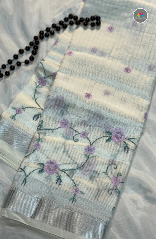 Premium Mangalagiri Pattu With Petti Work  - Off White with Lavender