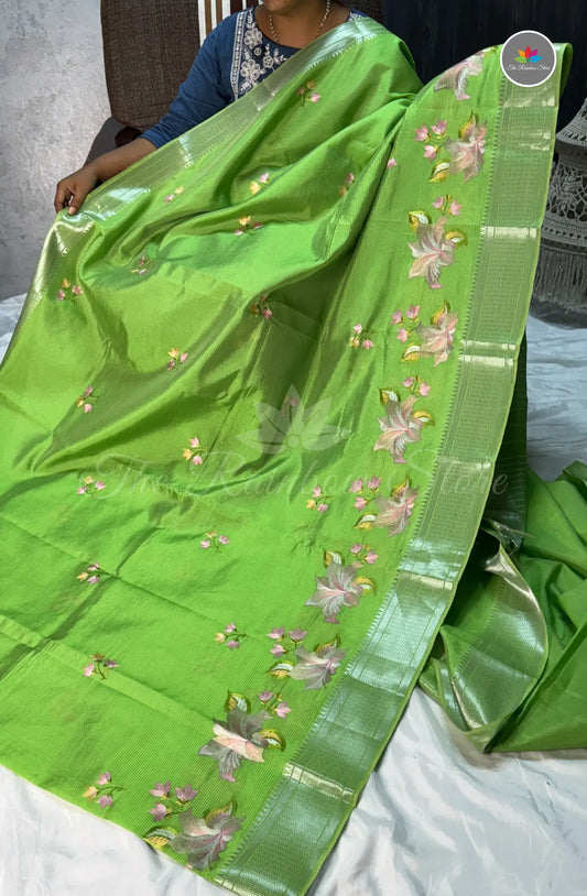 Pure Handloom Mangalagiri Pattu Saree  with Embroidery - Green
