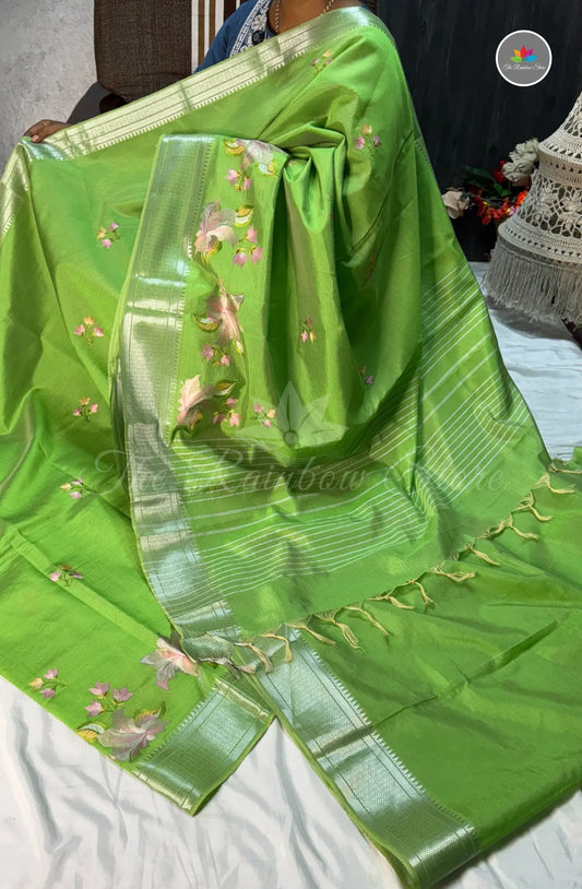 Pure Handloom Mangalagiri Pattu Saree  with Embroidery - Green