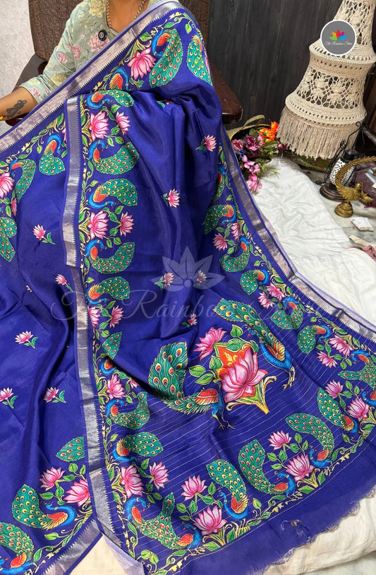 Pure Mangalagiri Pattu with Tanjore Paints - Royal Blue