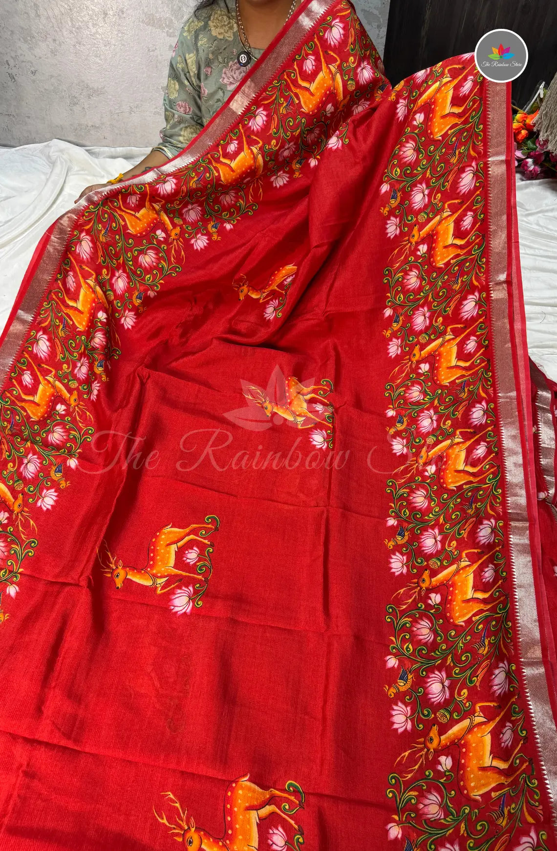 Pure Mangalagiri Pattu with Tanjore Paints - Dusky Orange