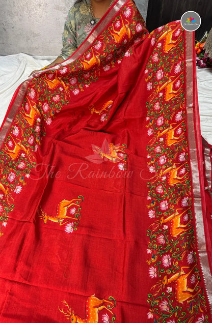 Pure Mangalagiri Pattu with Tanjore Paints - Dusky Orange