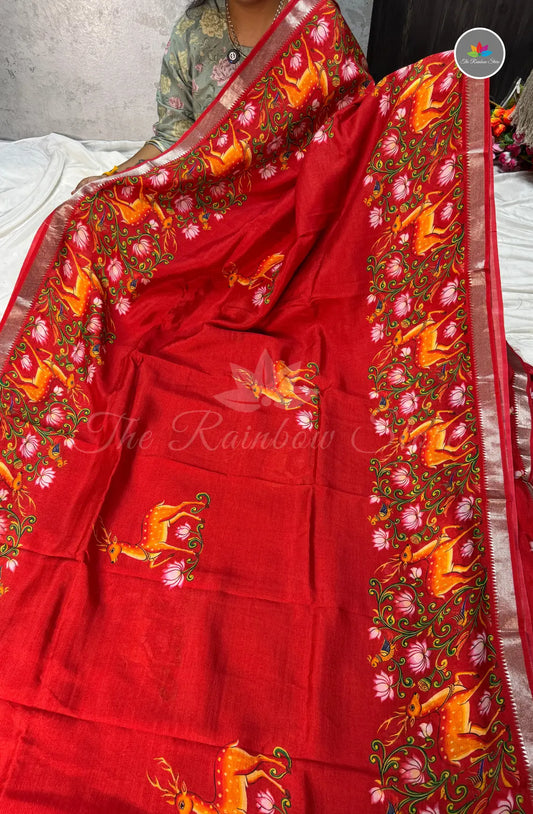 Pure Mangalagiri Pattu with Tanjore Paints - Dusky Orange