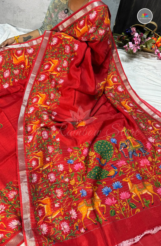 Pure Mangalagiri Pattu with Tanjore Paints - Dusky Orange