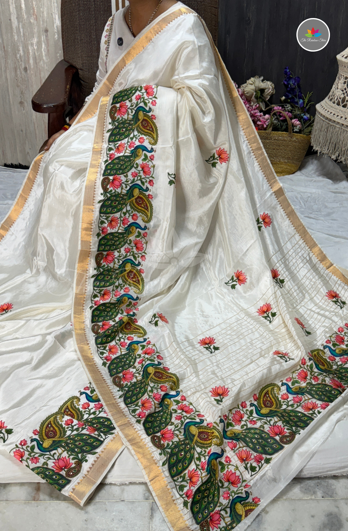 Pure Mangalagiri Pattu with Tanjore Prints - Tussar