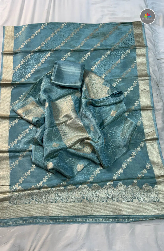 Pure Satin Mushru Silk (3 Piece Set ) - Peacock Blue