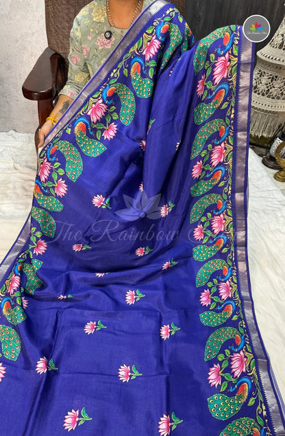 Pure Mangalagiri Pattu with Tanjore Paints - Royal Blue