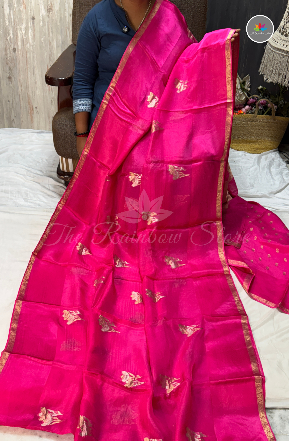 Organza Silk Saree - Rani Pink