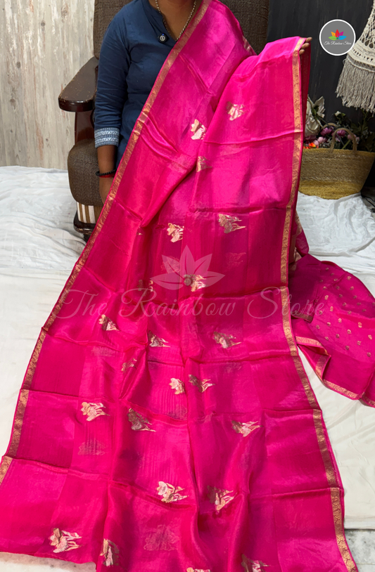 Organza Silk Saree - Rani Pink