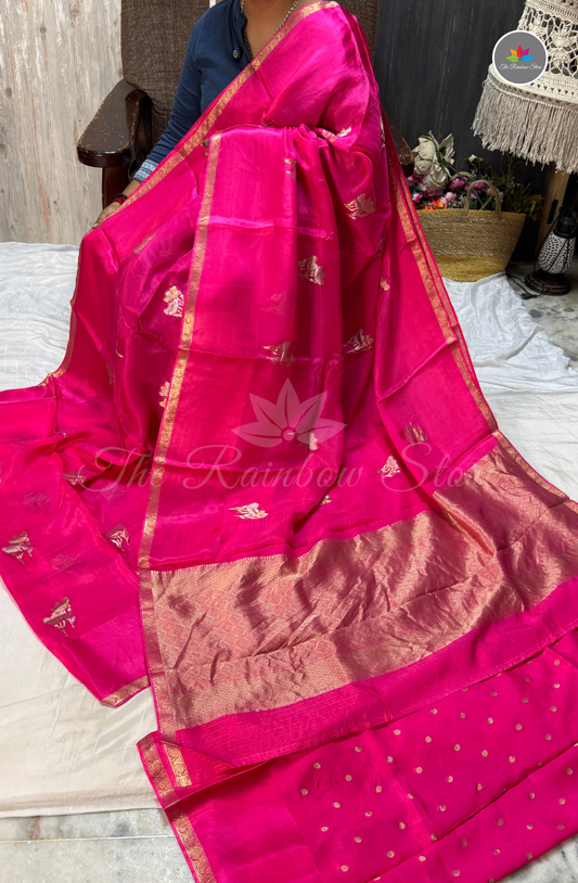 Organza Silk Saree - Rani Pink