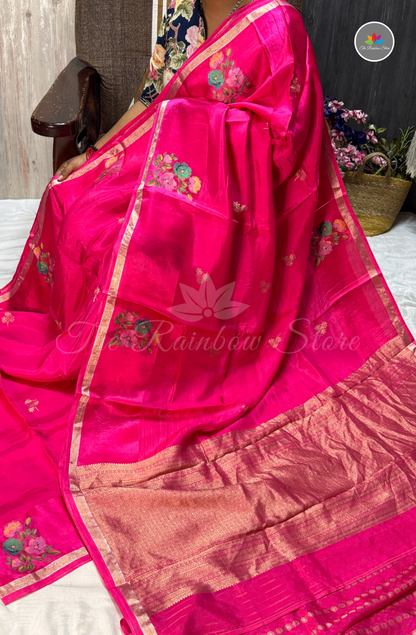 Organza Silk Saree - Rani Pink