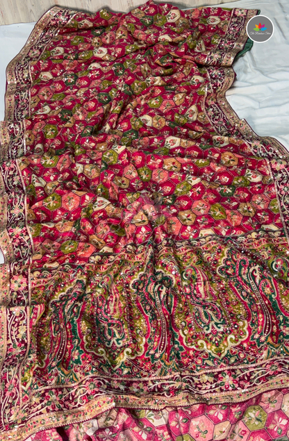 Premium Chinon Embroidery Saree - Rani Pink