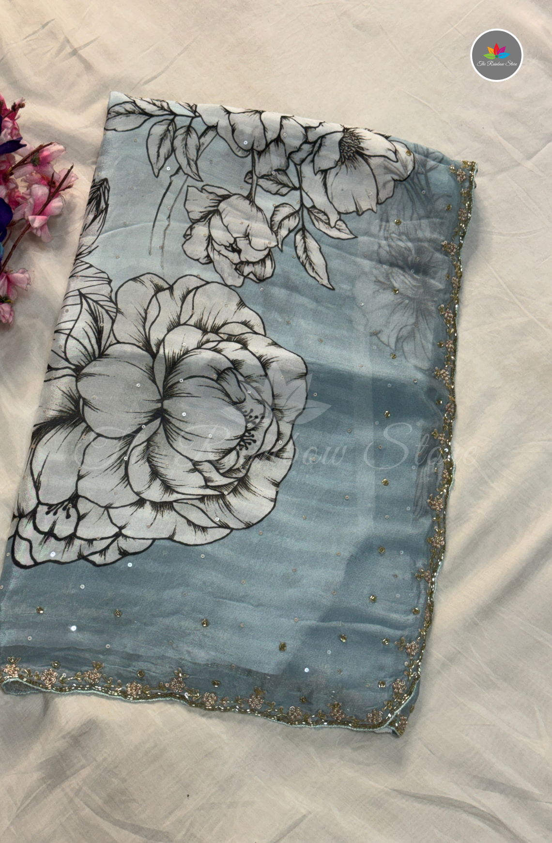 Pure Chinon Saree with Hand Embroidery - Ice Blue