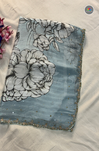 Pure Chinon Saree with Hand Embroidery - Ice Blue