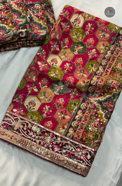 Premium Chinon Embroidery Saree - Rani Pink