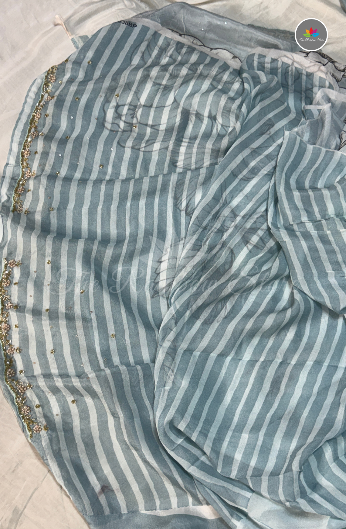 Pure Chinon Saree with Hand Embroidery - Ice Blue