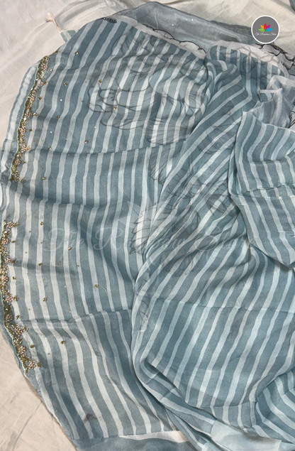 Pure Chinon Saree with Hand Embroidery - Ice Blue