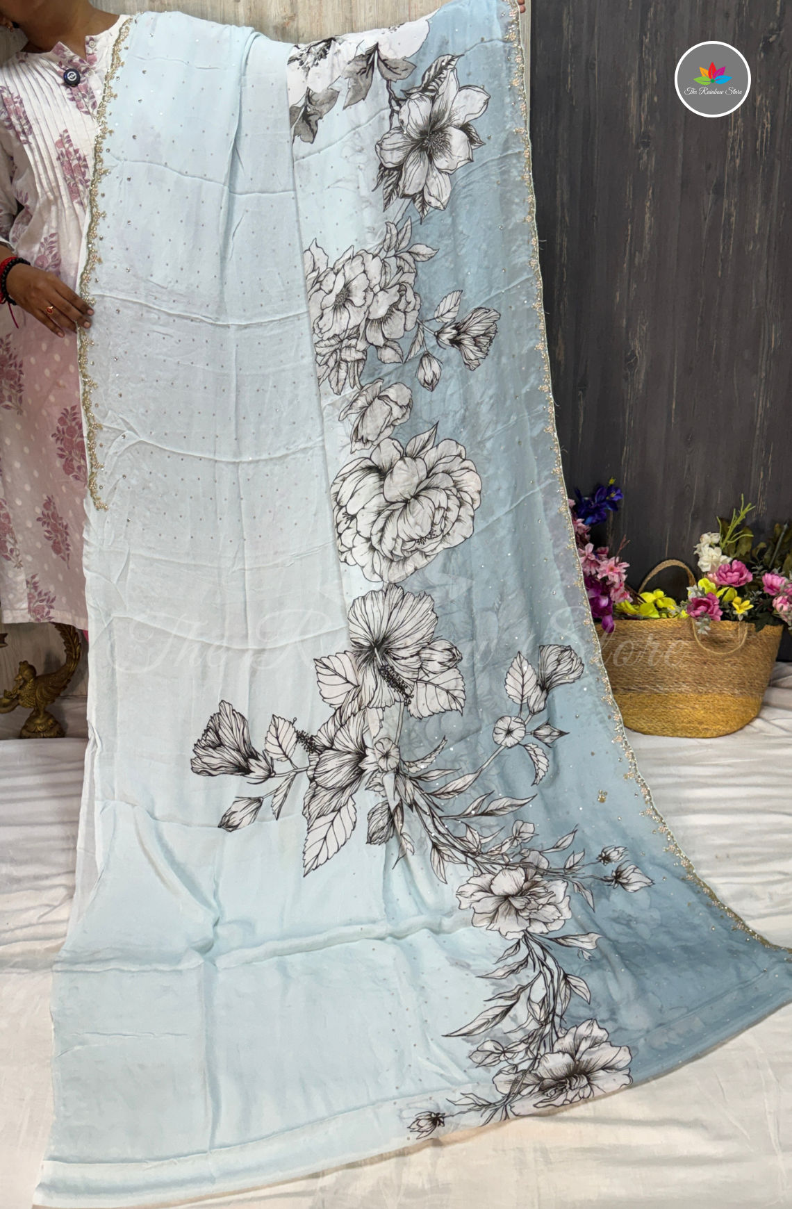 Pure Chinon Saree with Hand Embroidery - Ice Blue